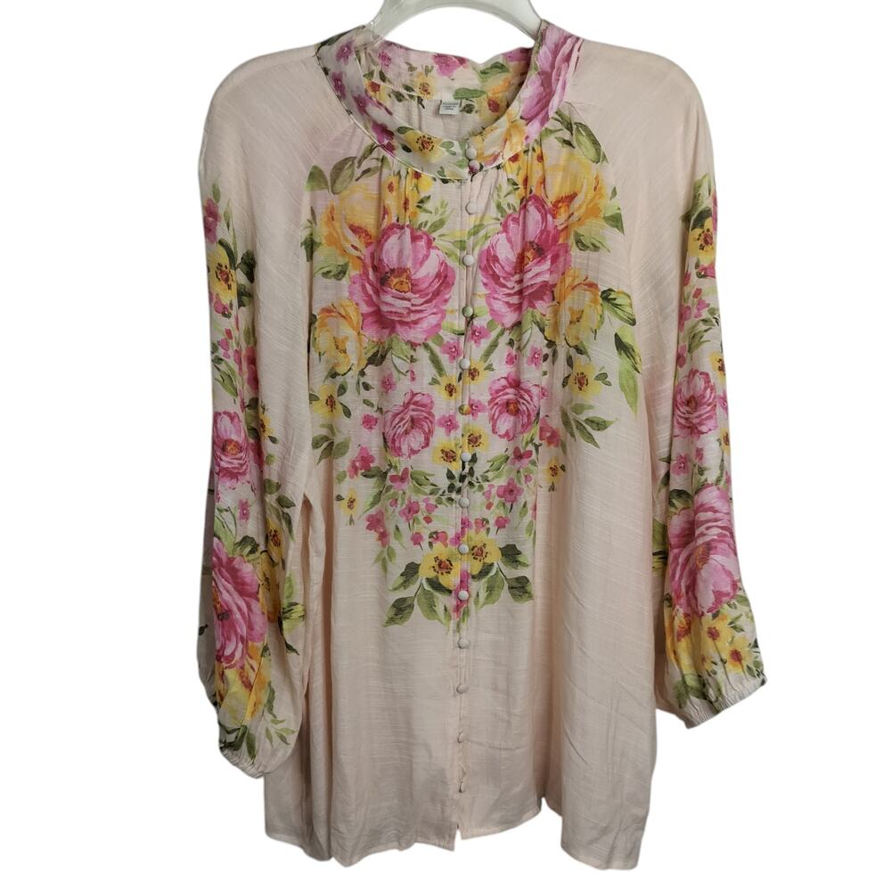 4974)Pink Floral Whimsy Cottagecore HiNeck Semi Sheer Button Up Tunic Top 22/24W